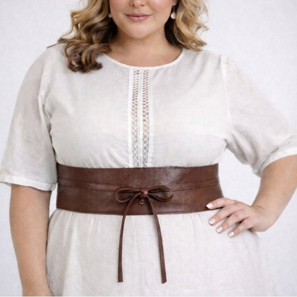 Plus Faux leather dark brown corset wide waist Belt Classic Western wrap obi - Picture 4 of 9